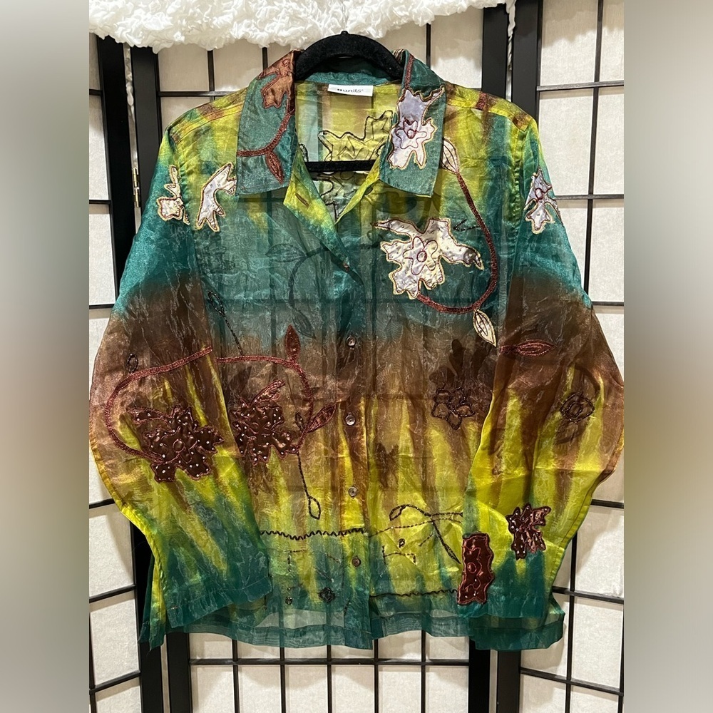 VINTAGE BY UNITS, Artistic Green and Yellow CHIFFON Beaded BLOUSE WOMEN SIZE XL